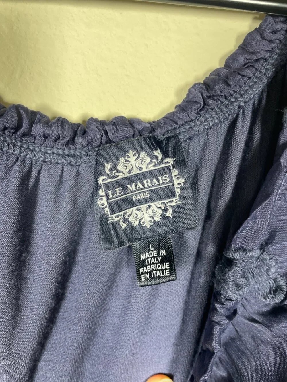 Le Marais Paris 100% Silk Navy Blouse Size L Artsy Bell Sleeve Lace Embroidered! - Picture 3 of 5
